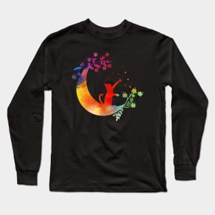 Colorful Cat Moon Flowers Pet Lover Owner Long Sleeve T-Shirt